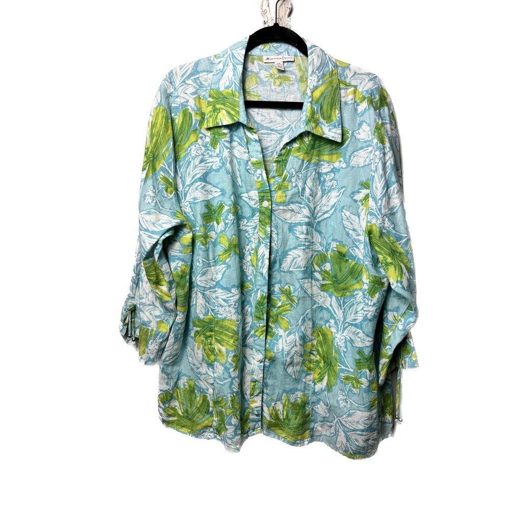 JM COLLECTION Womens 22W 100% Linen Floral 3/4 Sleeve Button Up‎ Top Blouse